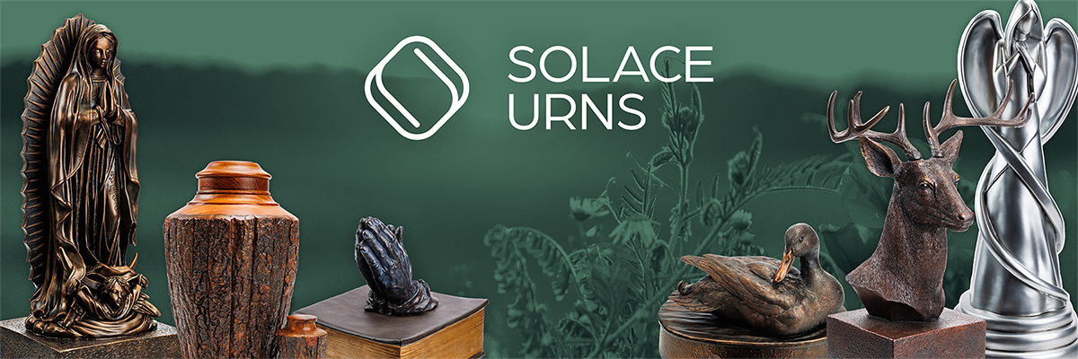 Solace Urns logo above product urn photos with a green-tinted landscape in the background